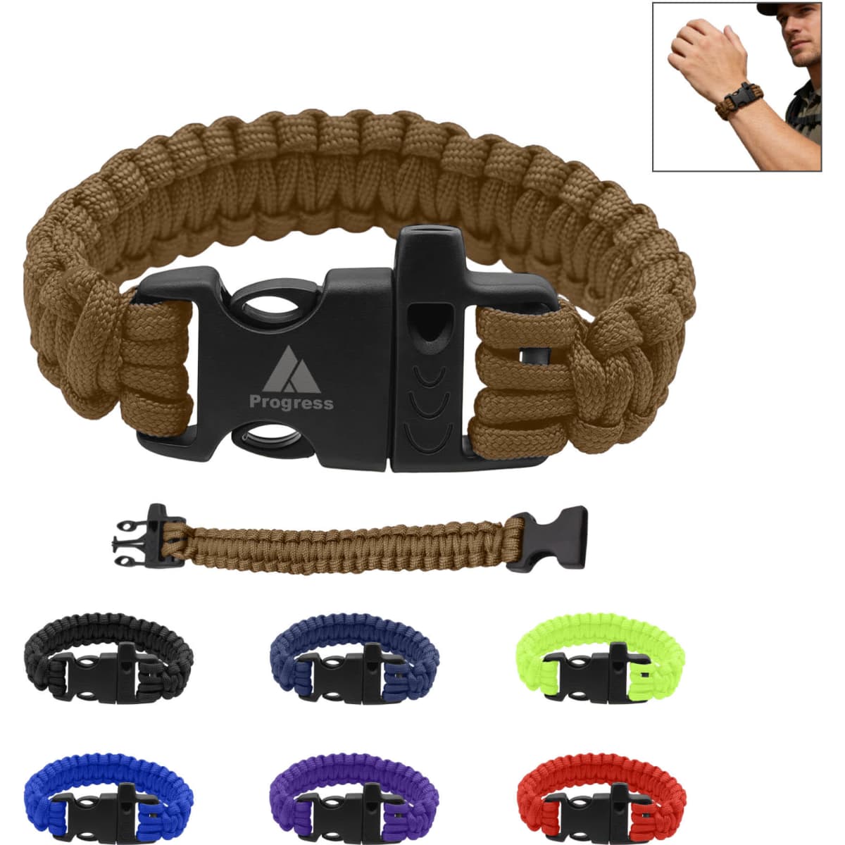 A paracord bracelet in brown with a whistle and a black clasp, displayed alongside various colour options.