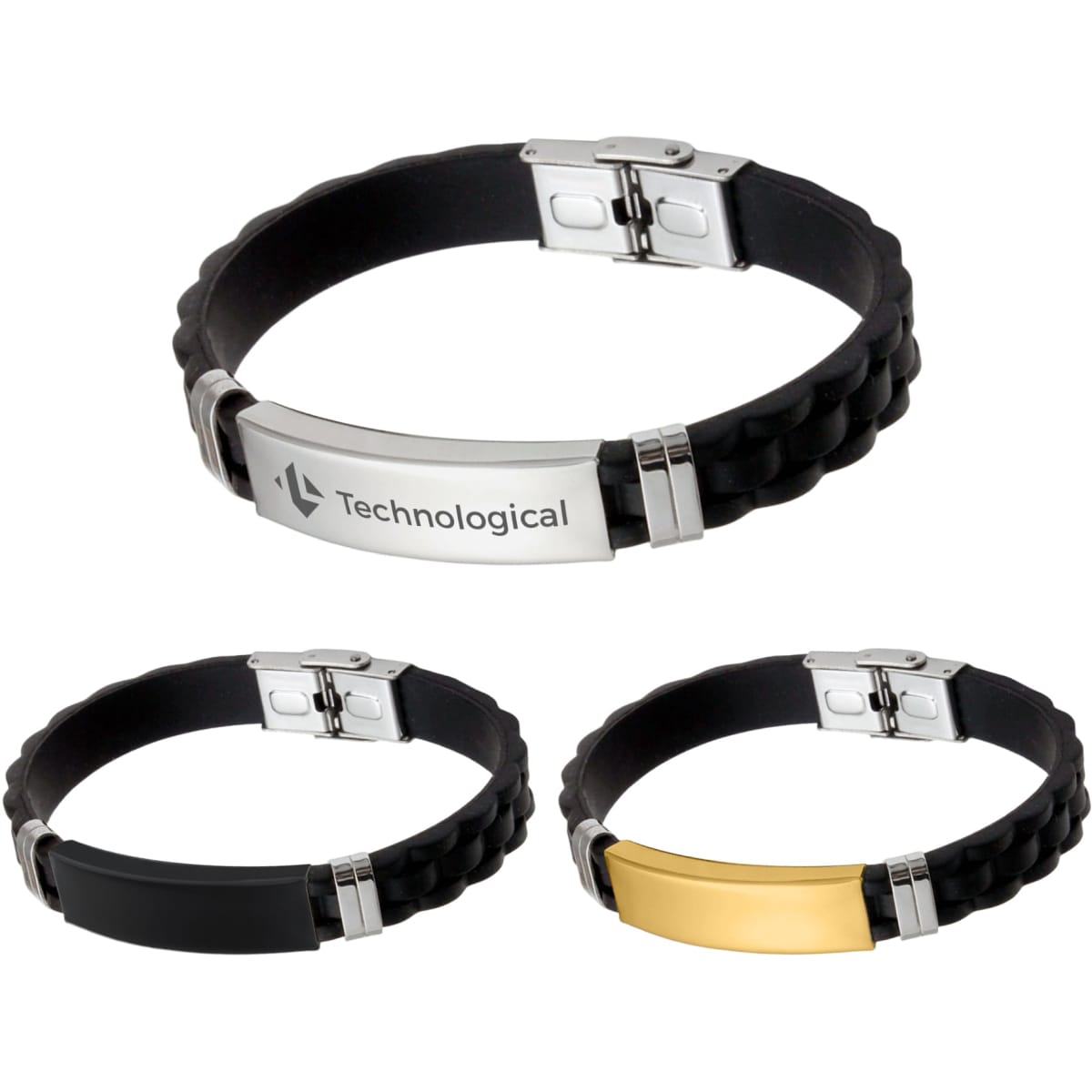 Three stainless steel buckle latch bracelets in black and silver, with varying designs and finishes. One features a logo.