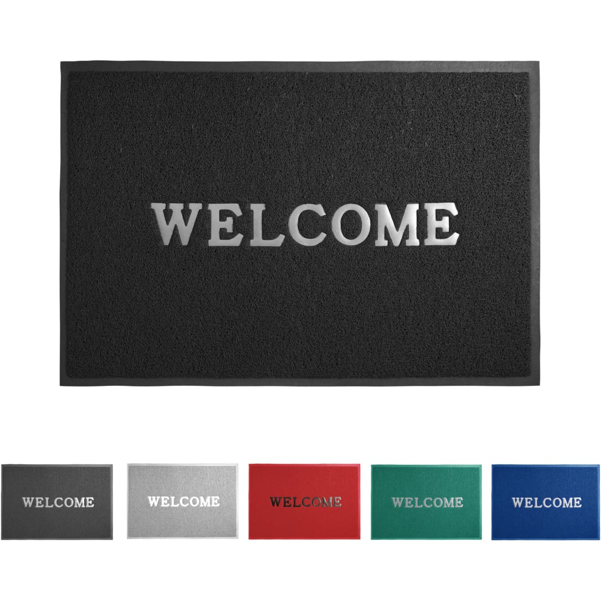 A black mat with a debossed logo and the word "WELCOME," alongside mats in grey, red, green, and blue.