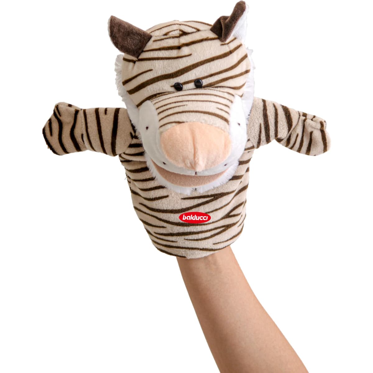 A plush tiger hand puppet with beige and brown stripes, featuring a soft muzzle and ears, shown on a hand.