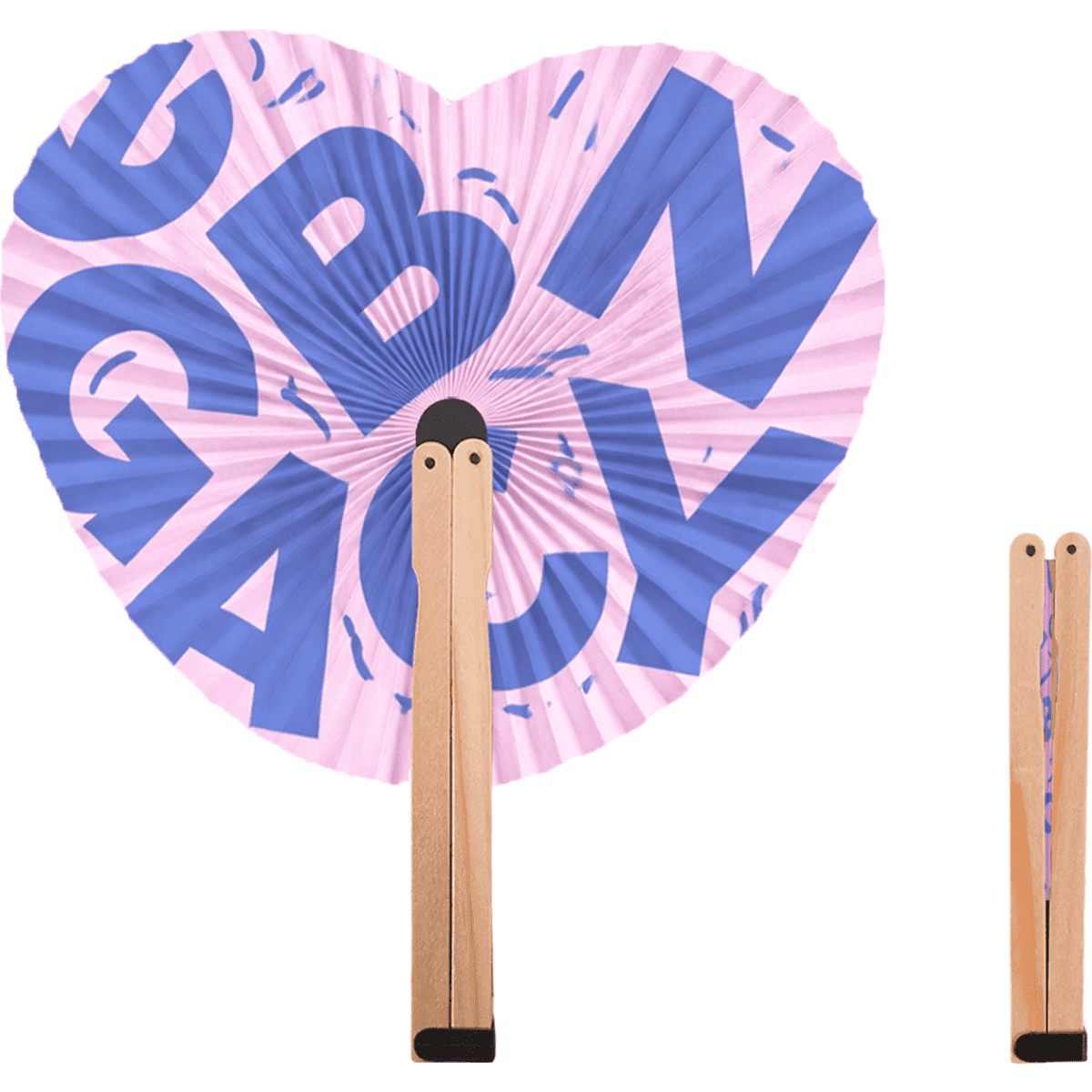 A heart-shaped wooden paper fan features a pink background with large blue text and natural wood sticks.