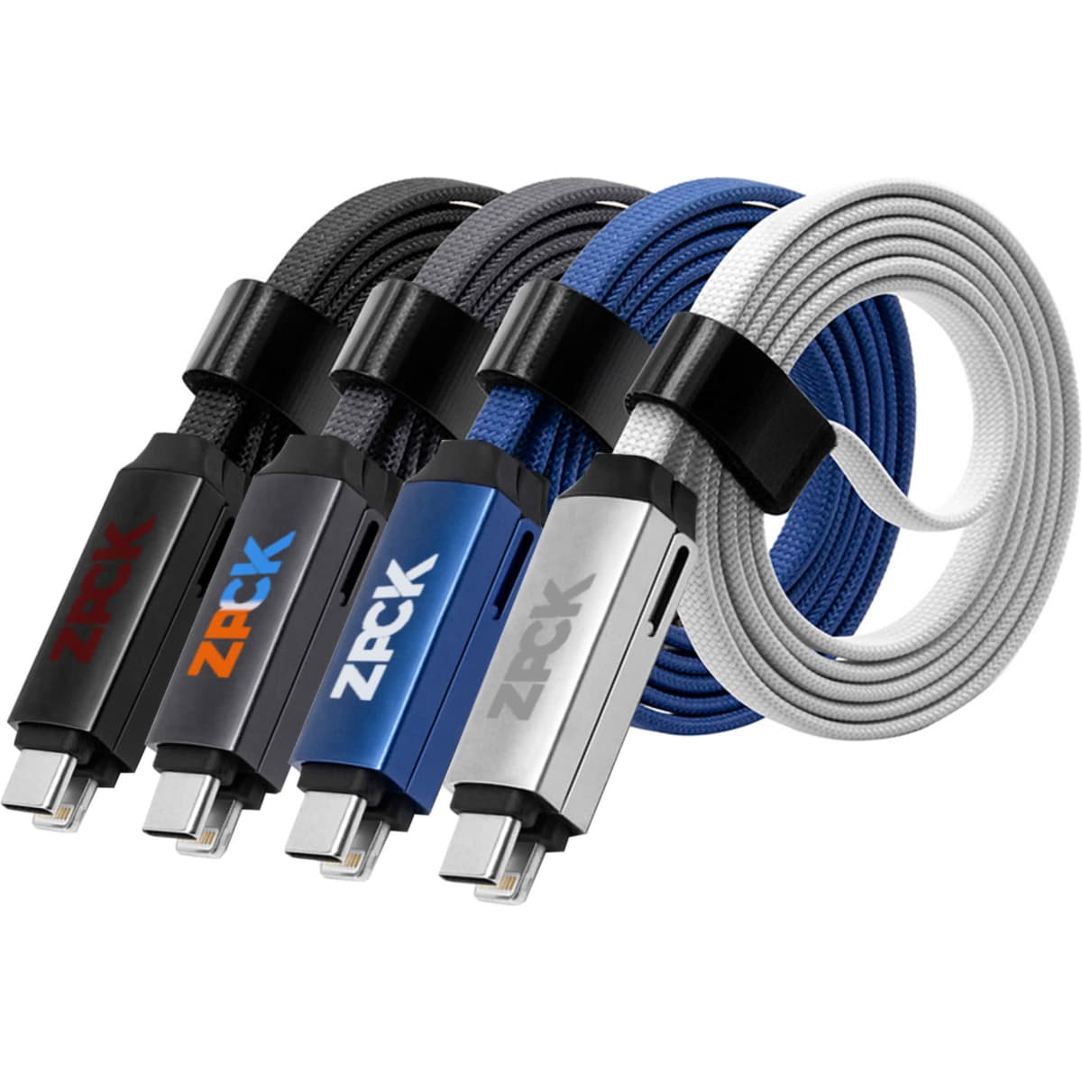 A set of four charging cables in grey, blue, black, and white, featuring a logo on the connectors.