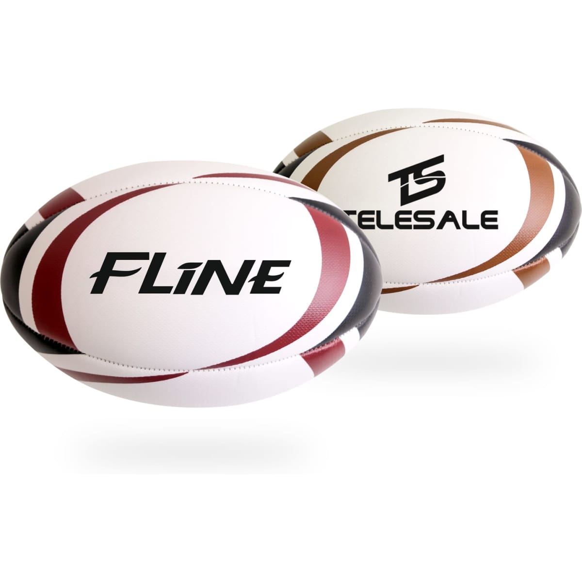 A promotional rugby ball in white with red, brown, and black detailing, featuring branding on its surface.