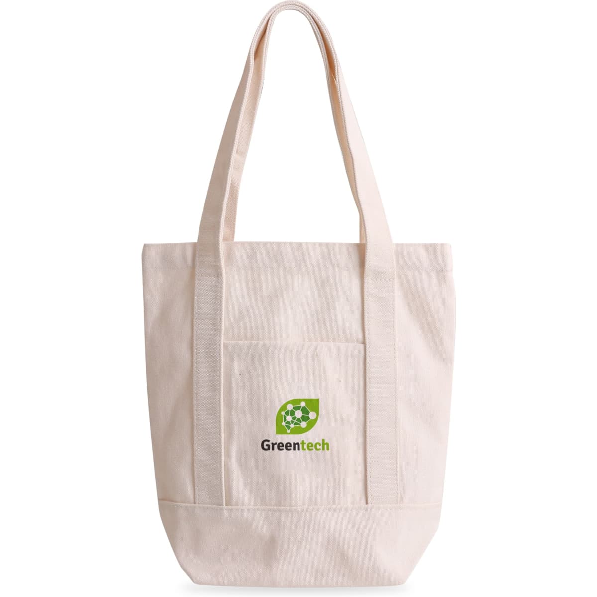 A heavy-duty tote bag in natural canvas with two sturdy handles and a front pocket, featuring a logo.