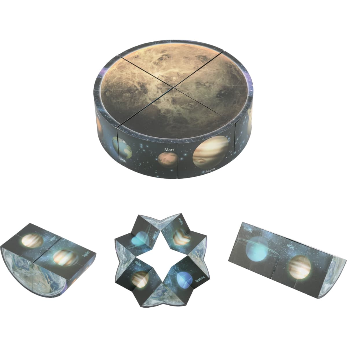 A 3D puzzle disc in space theme, featuring planets in earthy tones with diverse geometric shapes when assembled.