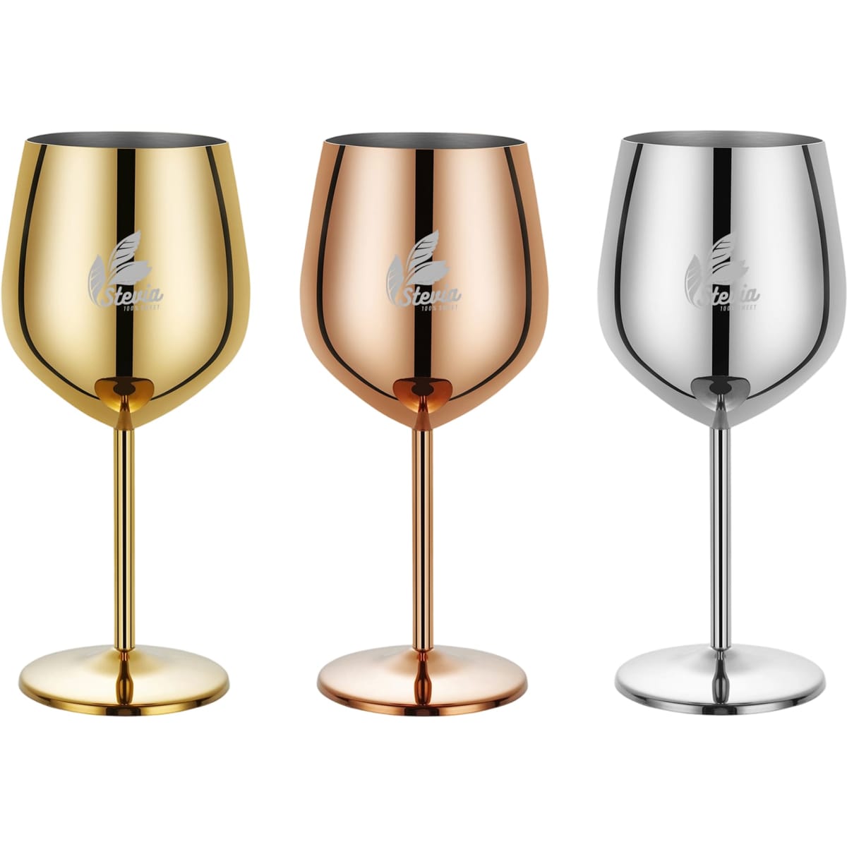A set of three stainless steel wine goblets in gold, rose gold, and silver, each with a branding logo.