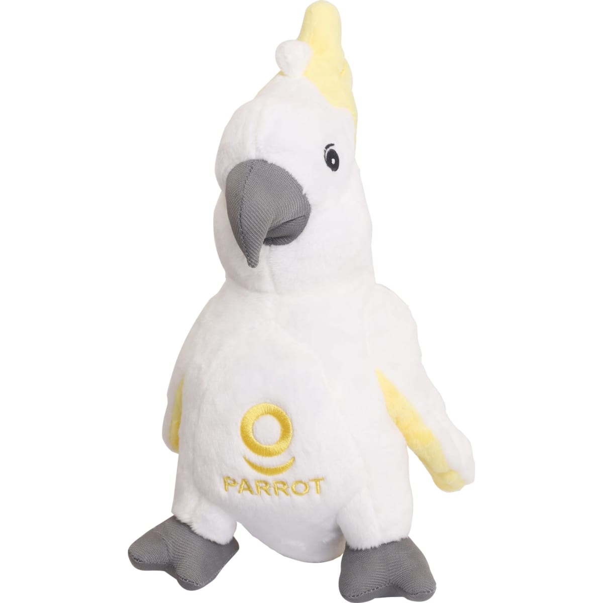 A custom cockatoo plush toy in white and yellow, featuring grey accents and a logo on the front.