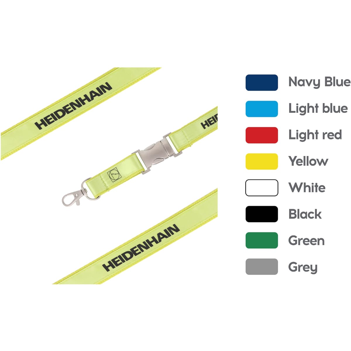A bright yellow poly satin lanyard with a clip and branding, alongside colour options including navy blue, light blue, and red.