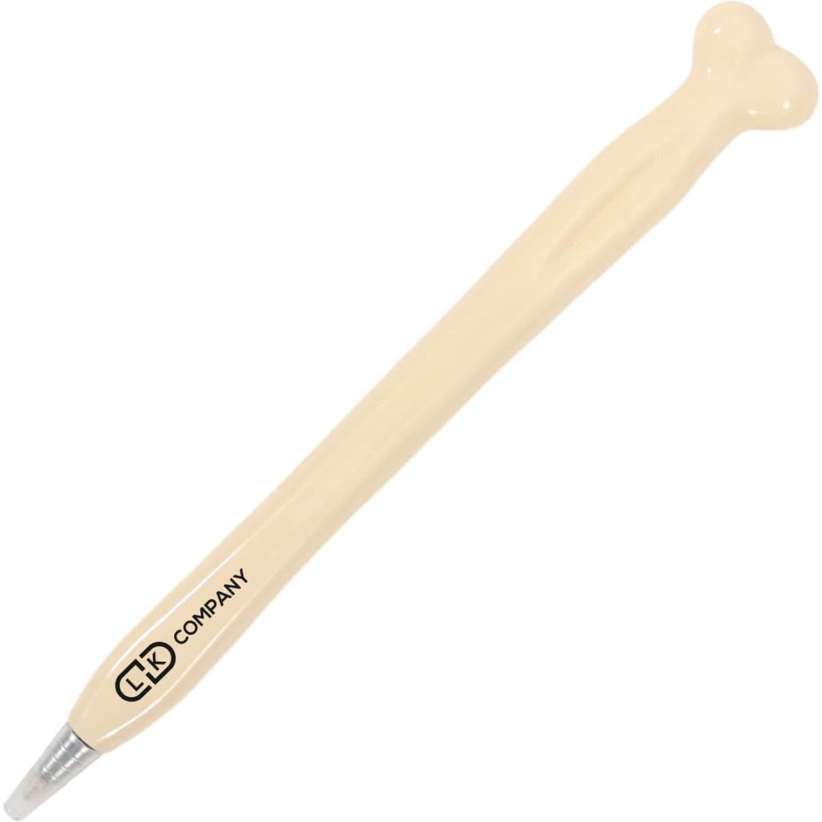 A bone-shaped pen in cream colour with a silver tip and a logo on the side.
