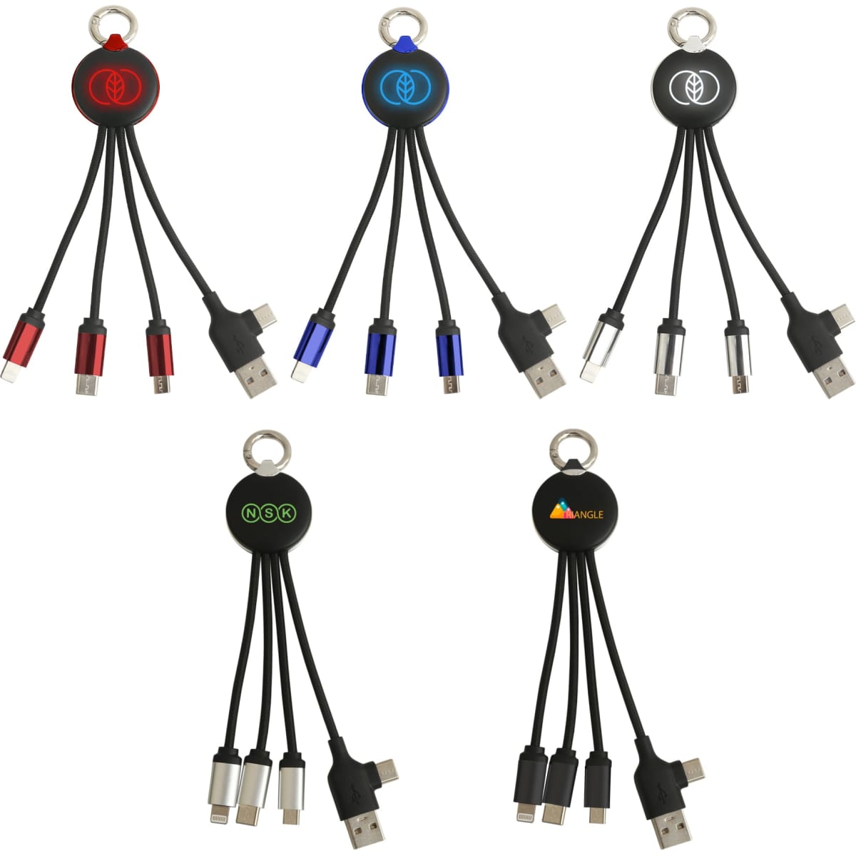 A round-shaped multi-charging cable with multiple connectors in red, blue, and black. It features a keyring attachment.