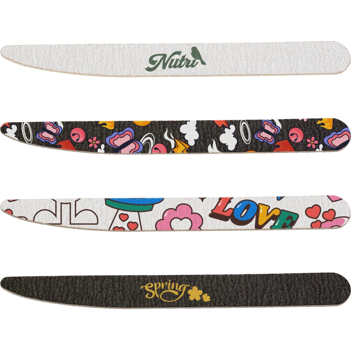A pack of 50 wooden knife-shaped nail files in various colours and designs, featuring a logo on one file.