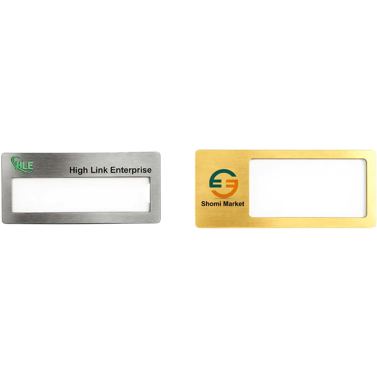 Two reusable metal name badges in silver and gold finishes, featuring a clear window for name display and logos.