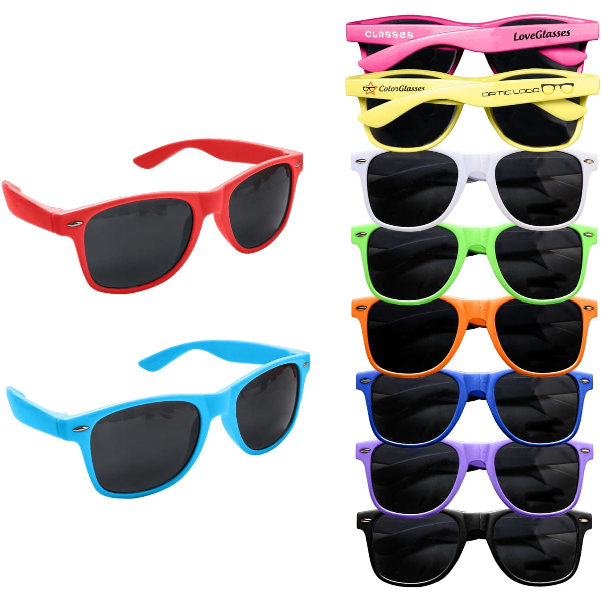 Coloured classic sunglasses in red, blue, purple, green, orange, black, and white, displayed in a stack.