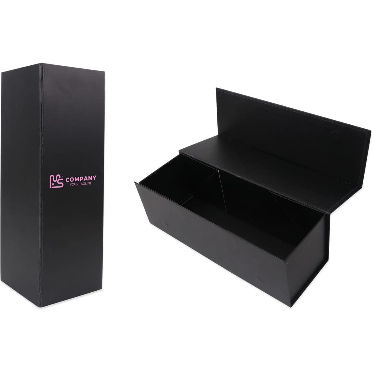 A black foldable magnetic wine box, open to reveal the interior compartment, featuring a logo.