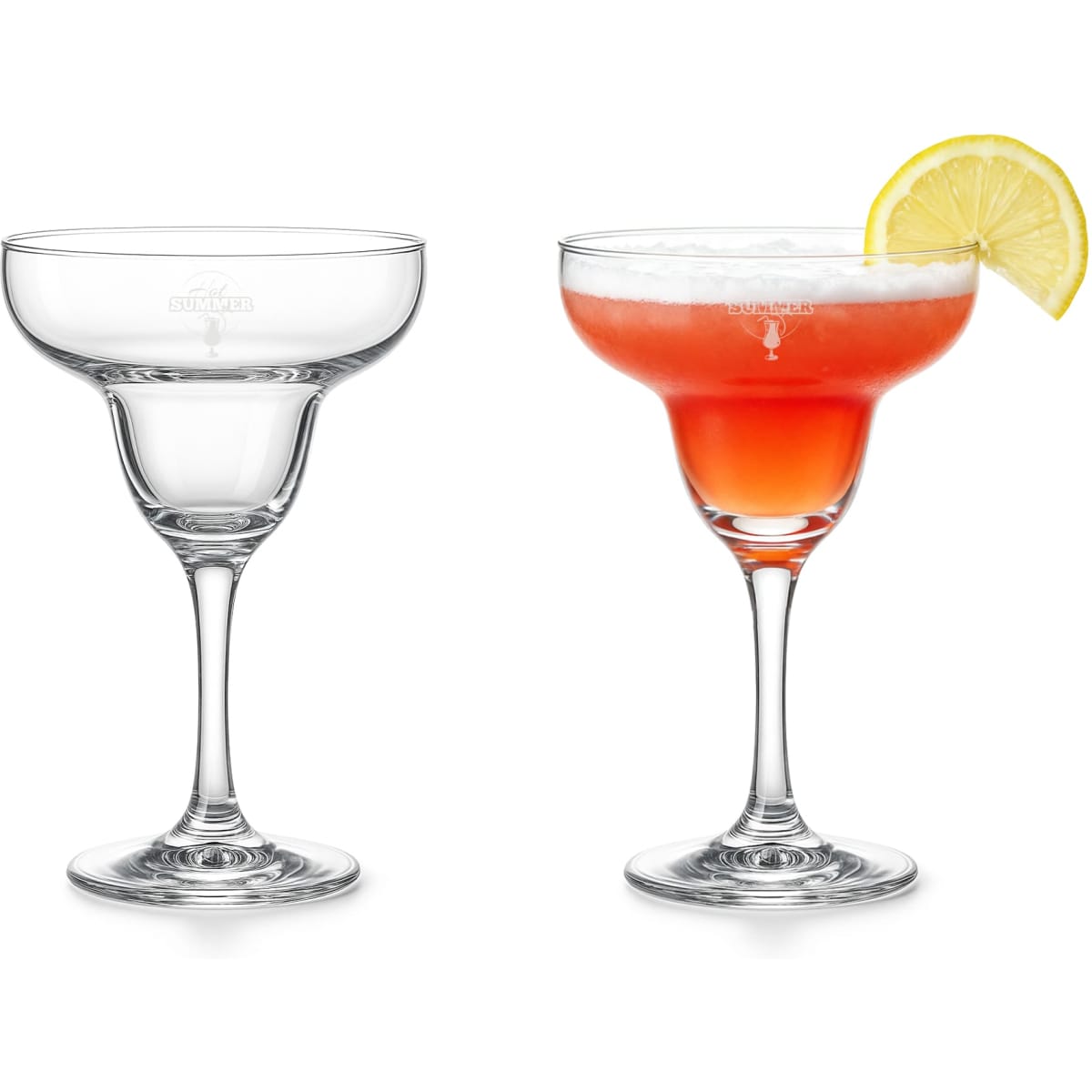 A pair of margarita glasses, one clear and one filled with a red drink garnished with a lemon slice.