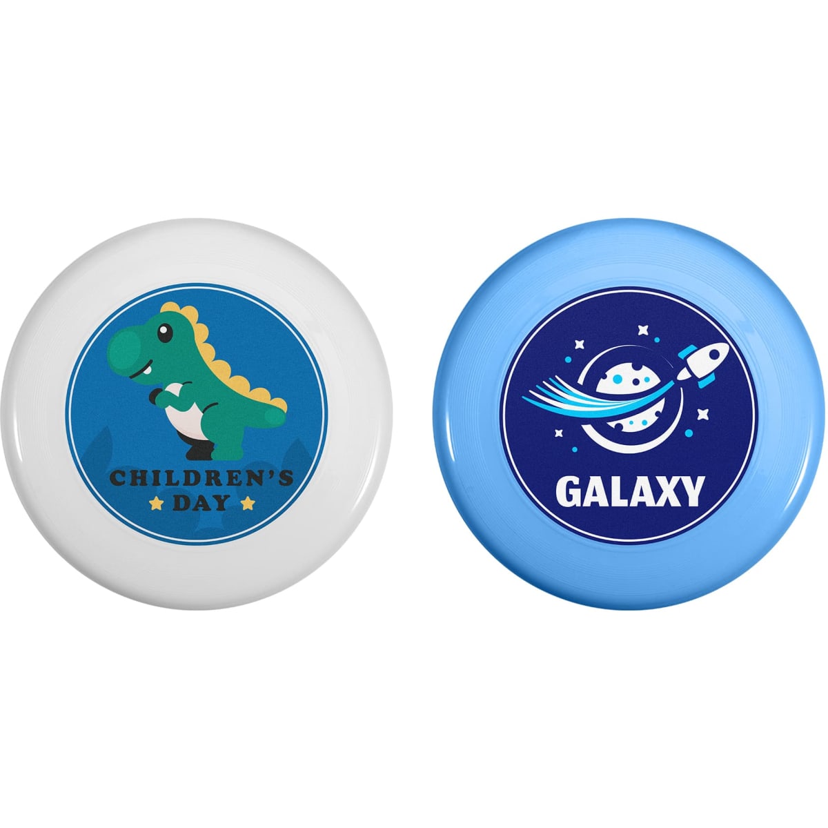 Two flying discs, one white featuring a dinosaur, and one light blue with a rocket and planet design, both with logos.
