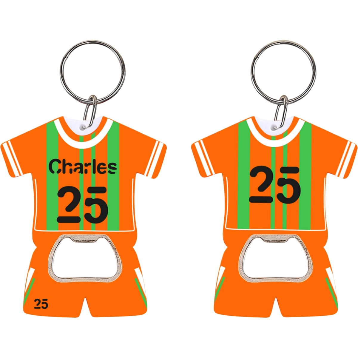 A drink bottle opener keyring featuring an orange sports jersey design with green stripes and a metallic opener at the bottom.
