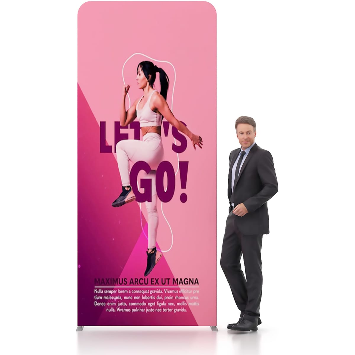 A straight tension fabric display wall in pink featuring a dynamic graphic and a person standing beside it.