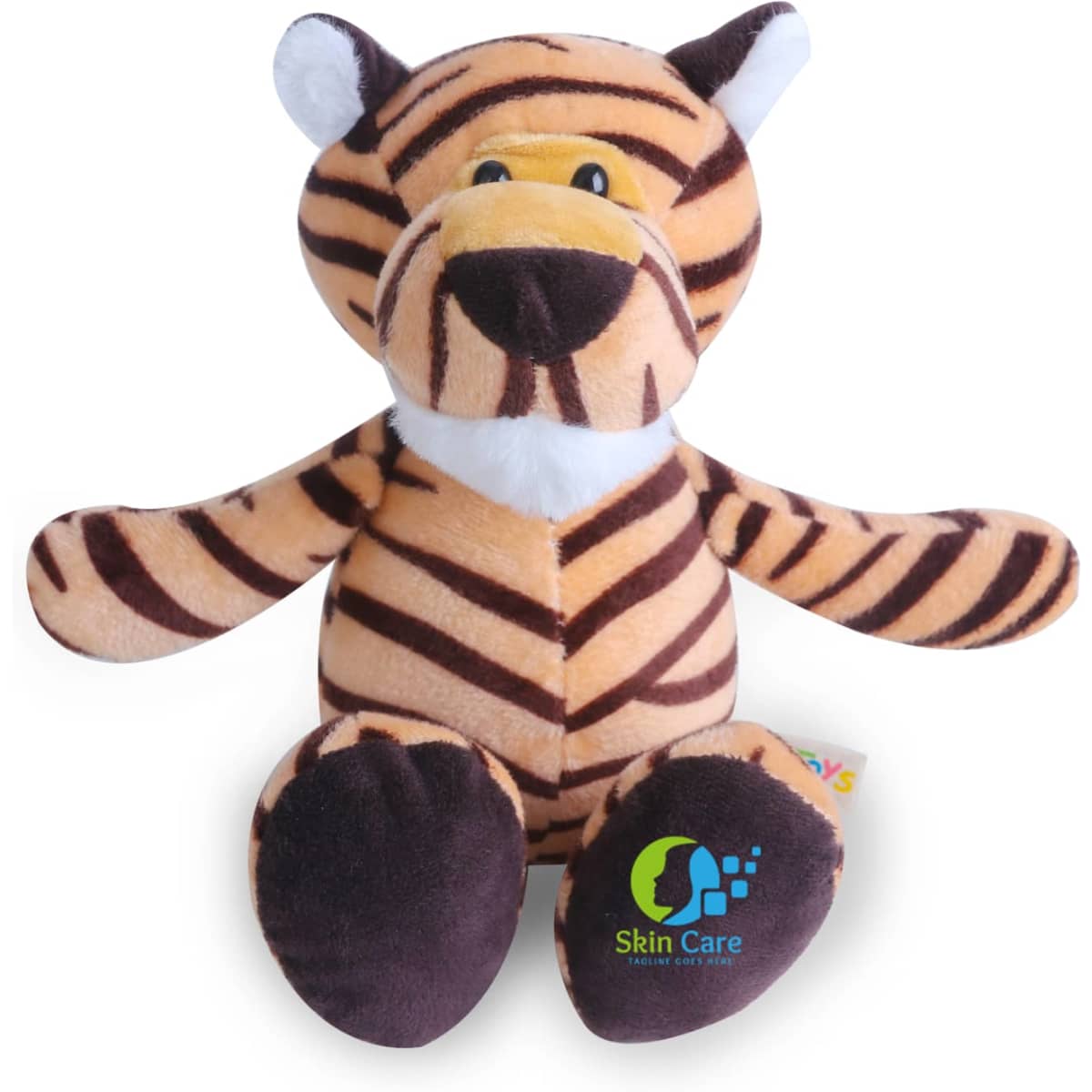 A plush tiger toy with brown and black stripes, featuring a friendly face and a logo on its side.