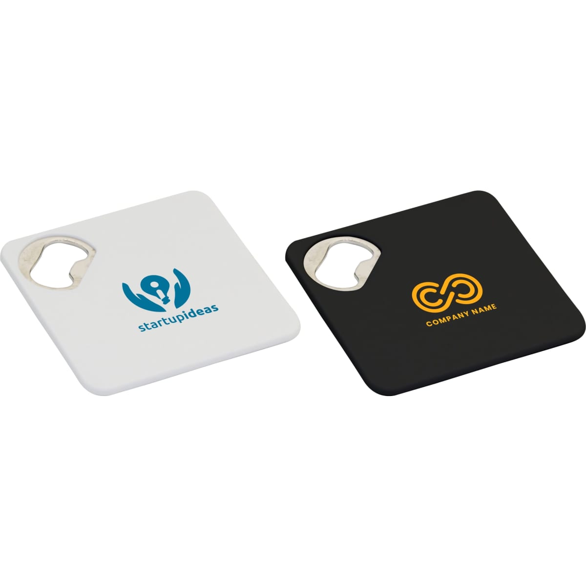 A drink bottle opener coaster in white and black with logos, featuring a bottle opener cutout on one corner.