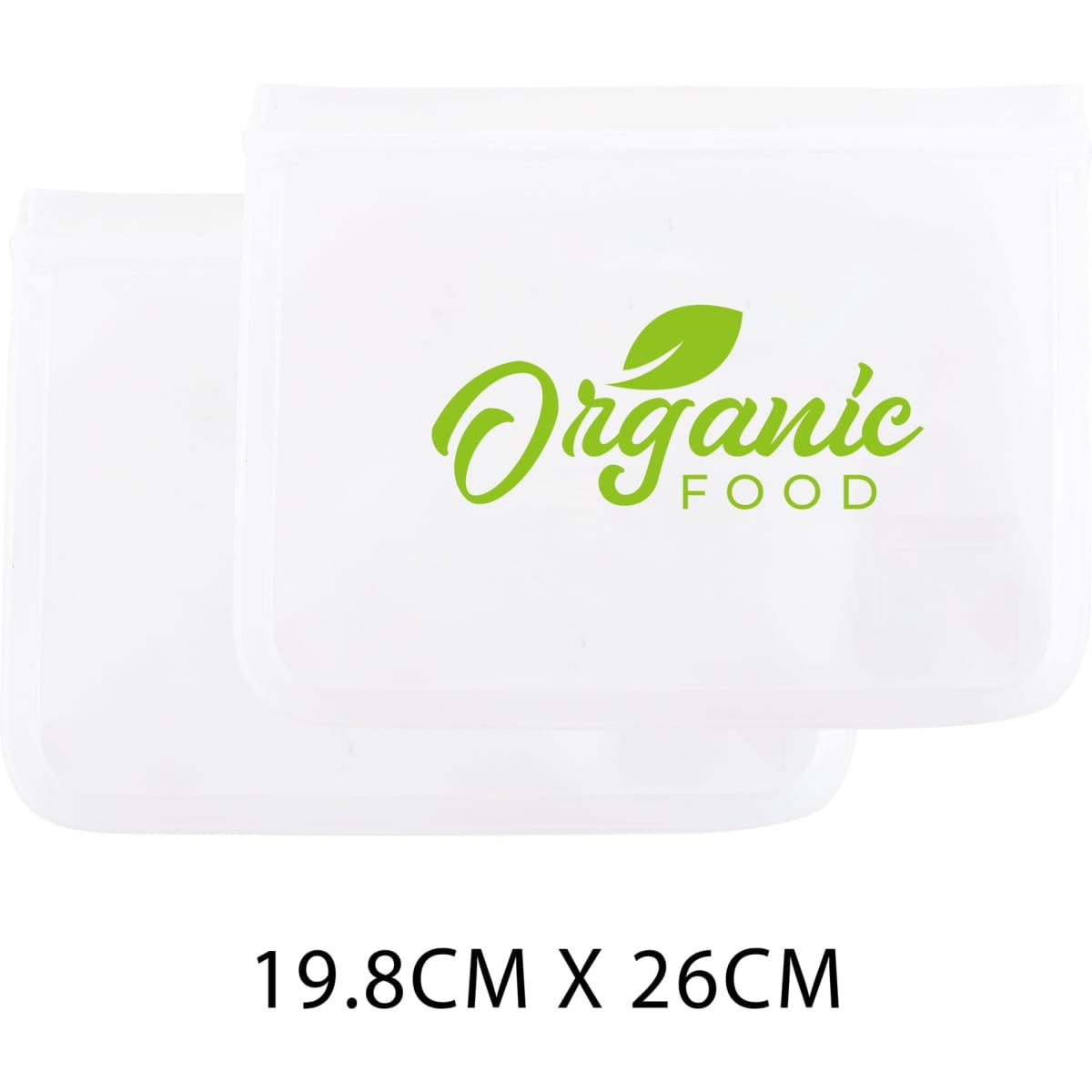Two large transparent storage bags in white with a green logo, featuring dimensions of 19.8cm x 26cm.