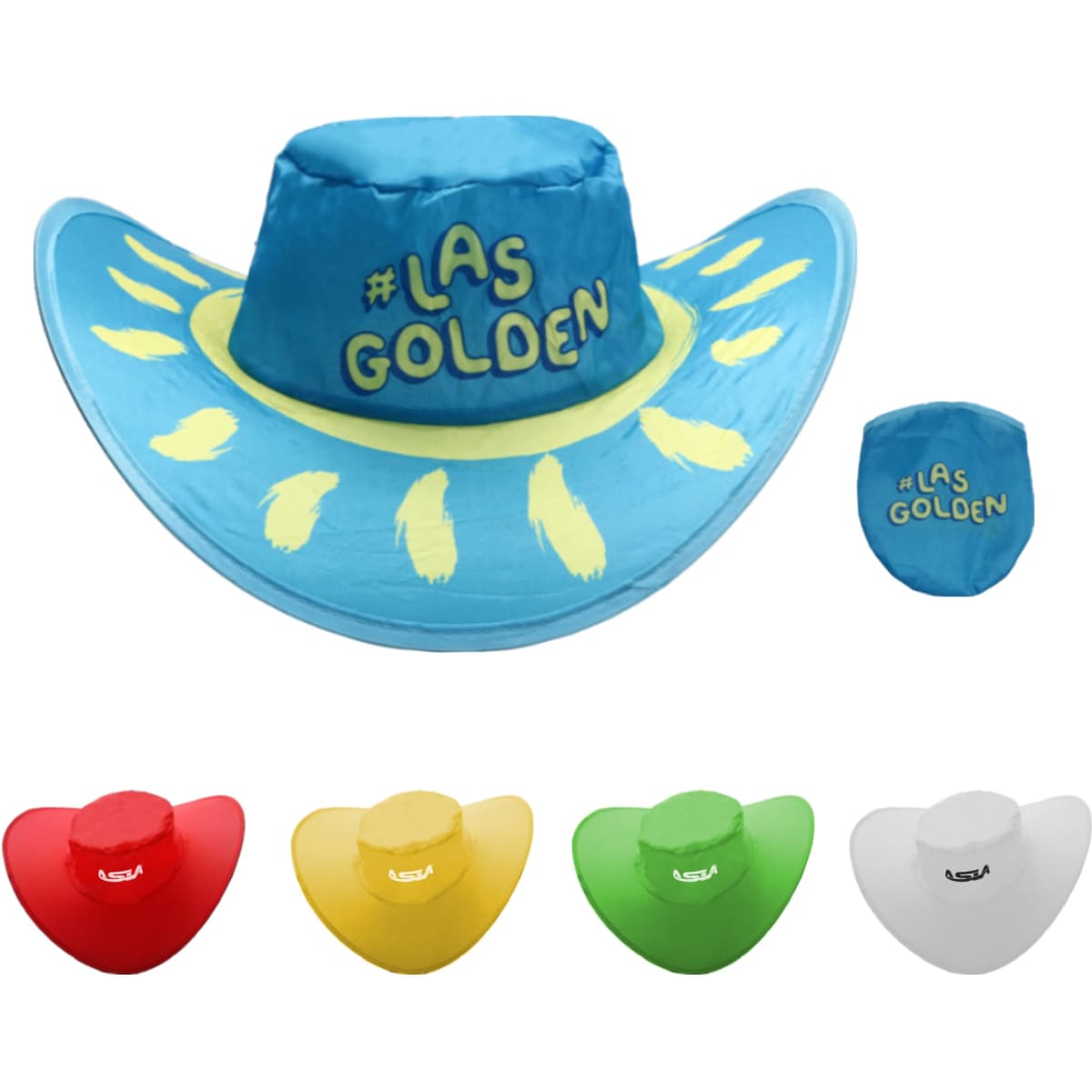 A foldable cowboy hat in blue with yellow accents and a pouch, featuring a logo. Also available in red, yellow, green, and white.
