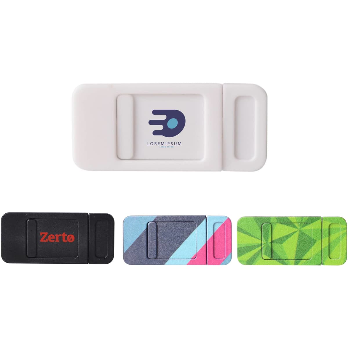 A sliding webcam cover in white, black, and multi-coloured designs, featuring various logos.