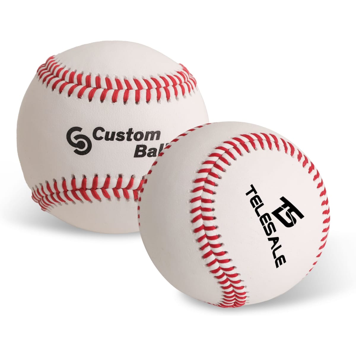 A pair of white training baseballs with red stitching, featuring different logos on each ball.