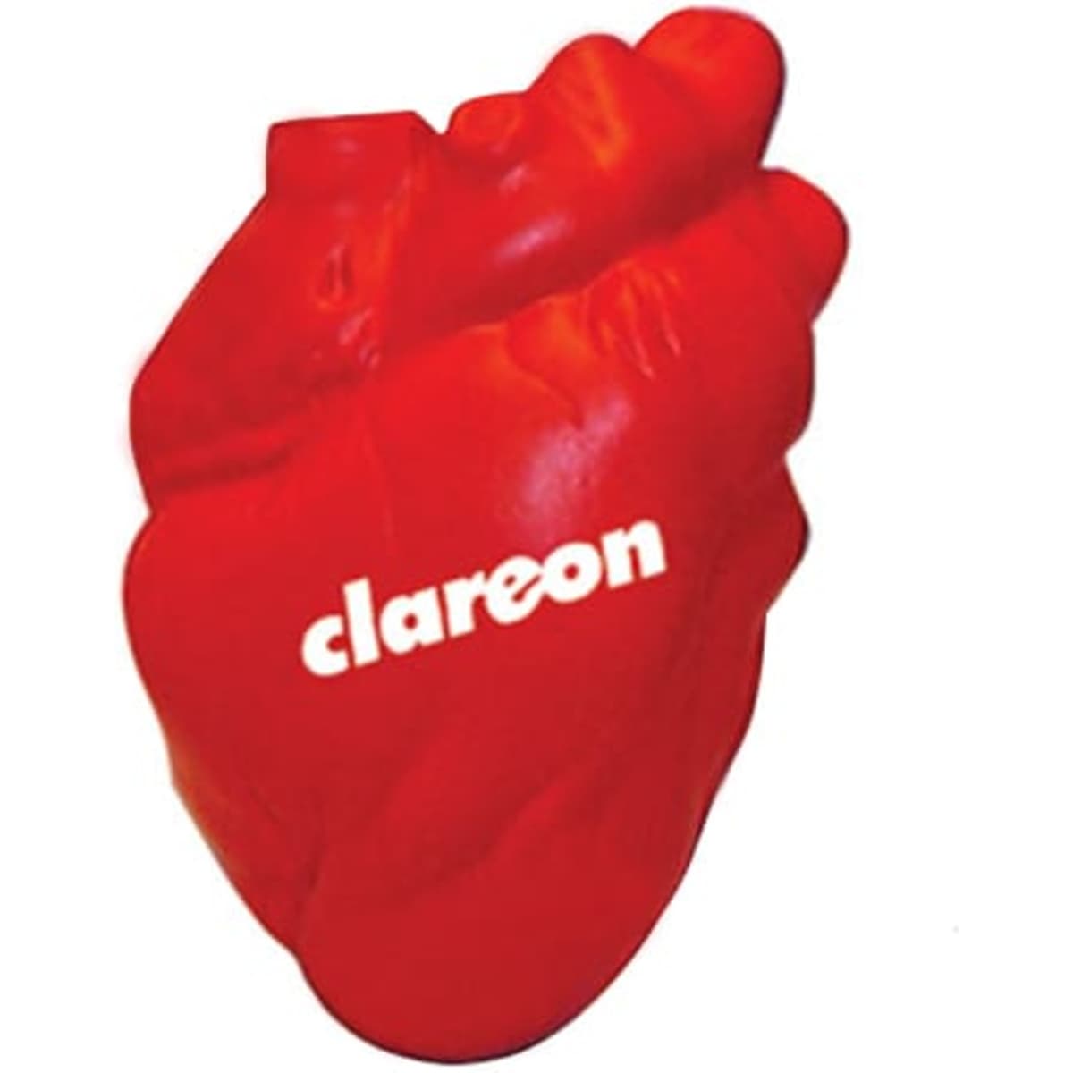 A red heart-shaped stress reliever with a logo on it, designed as a fun keyring.