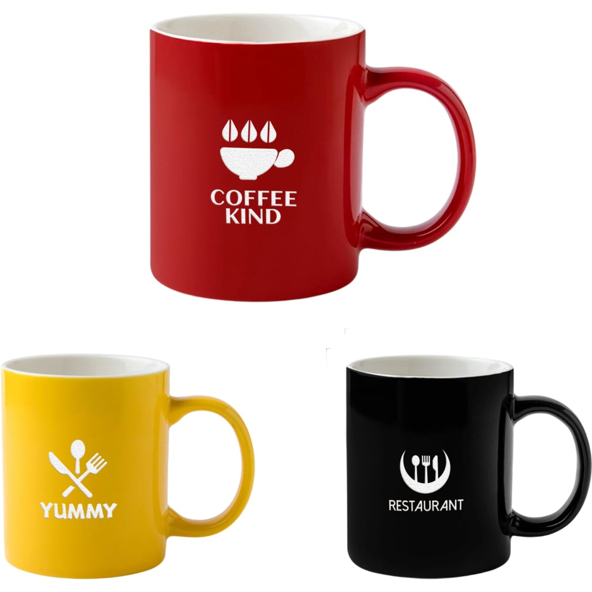 A set of three ceramic mugs in red, yellow, and black, each with a different design and logo.