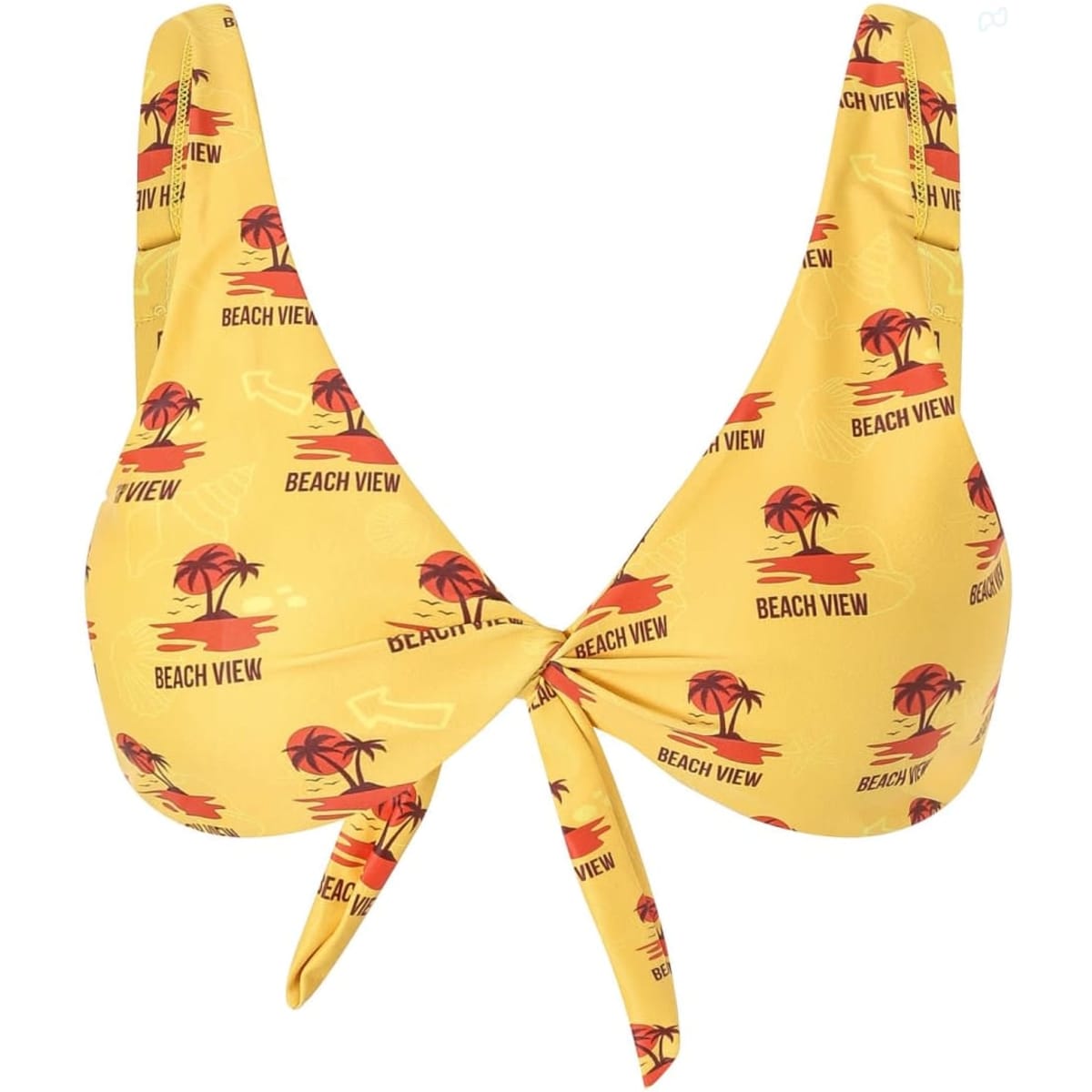 A yellow bikini top featuring a tropical print with palm trees and the text "BEACH VIEW." It has a tie at the front and a logo.