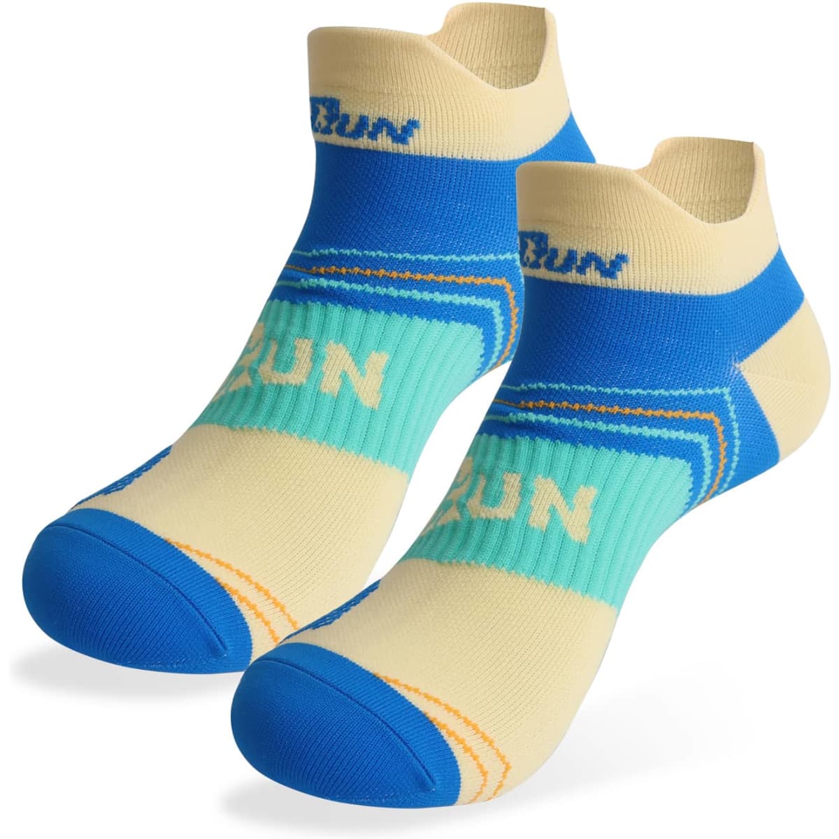A pair of no-show running socks in light yellow, blue, and aqua, featuring a logo and geometric patterns.