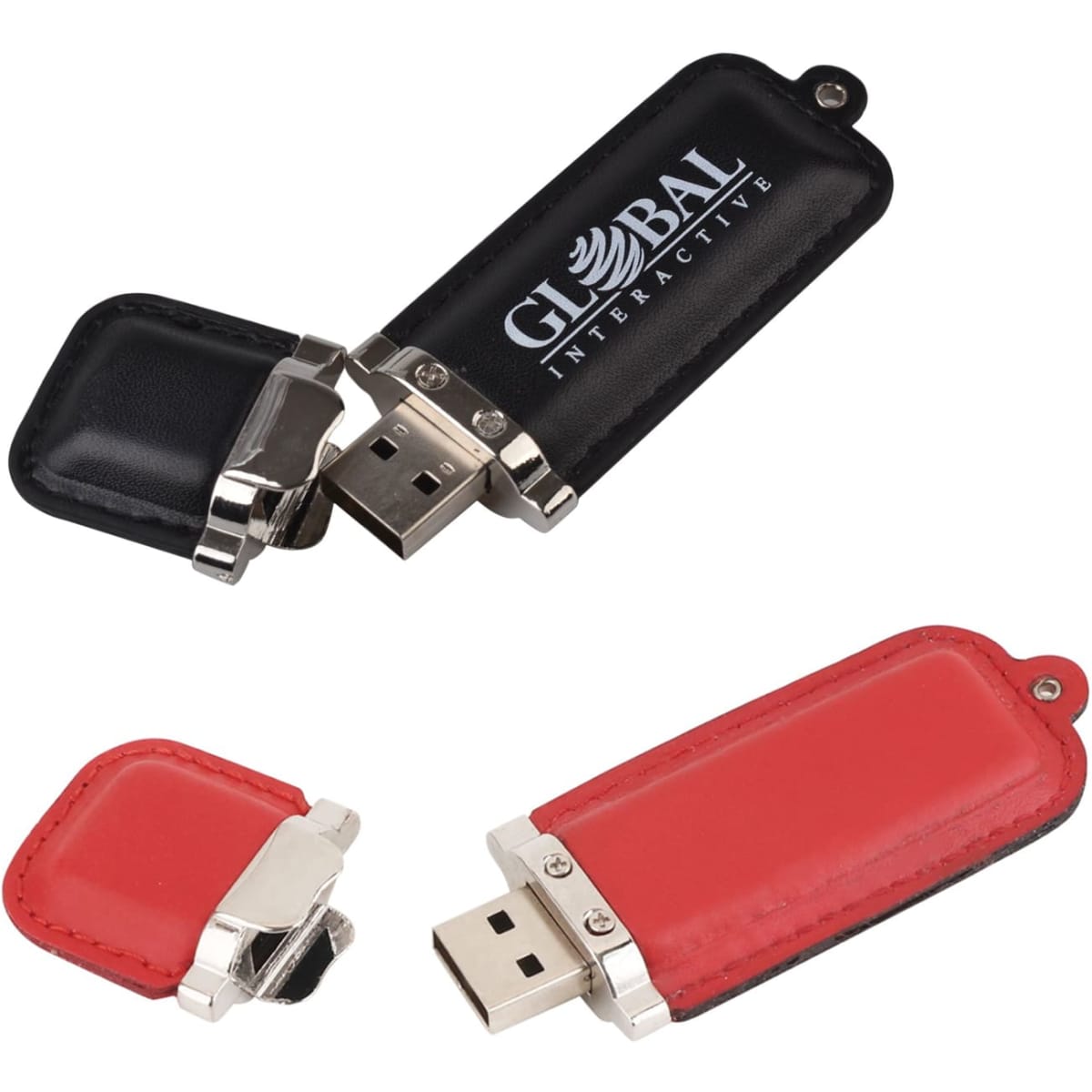 A black and red Amos Flash Drive with a sleek design and a logo on the surface.