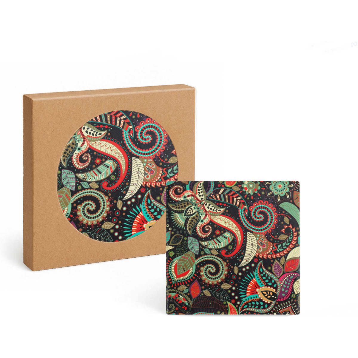 A square ceramic coaster featuring a colourful paisley design, displayed alongside its brown packaging.