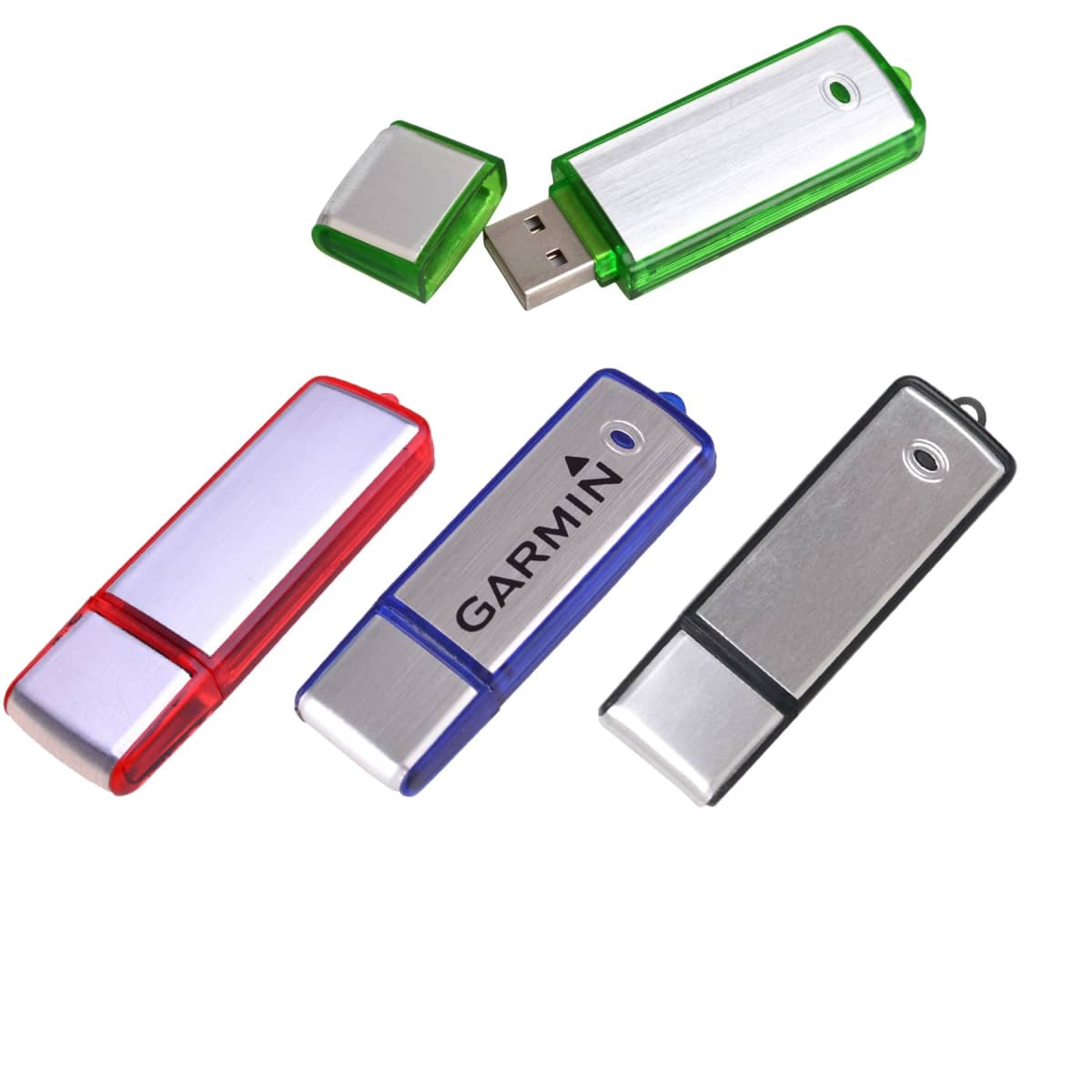 A collection of four multicoloured flash drives in red, green, and blue, with silver metal casing and a logo.