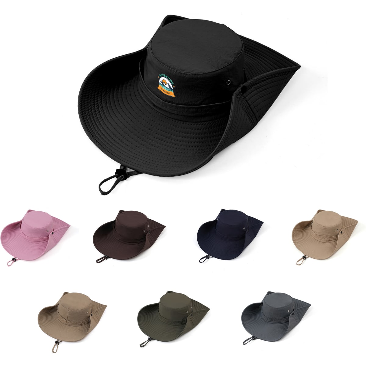 A wide-brim sun hat in black, with a logo, accompanied by hats in pink, tan, brown, navy, and grey.