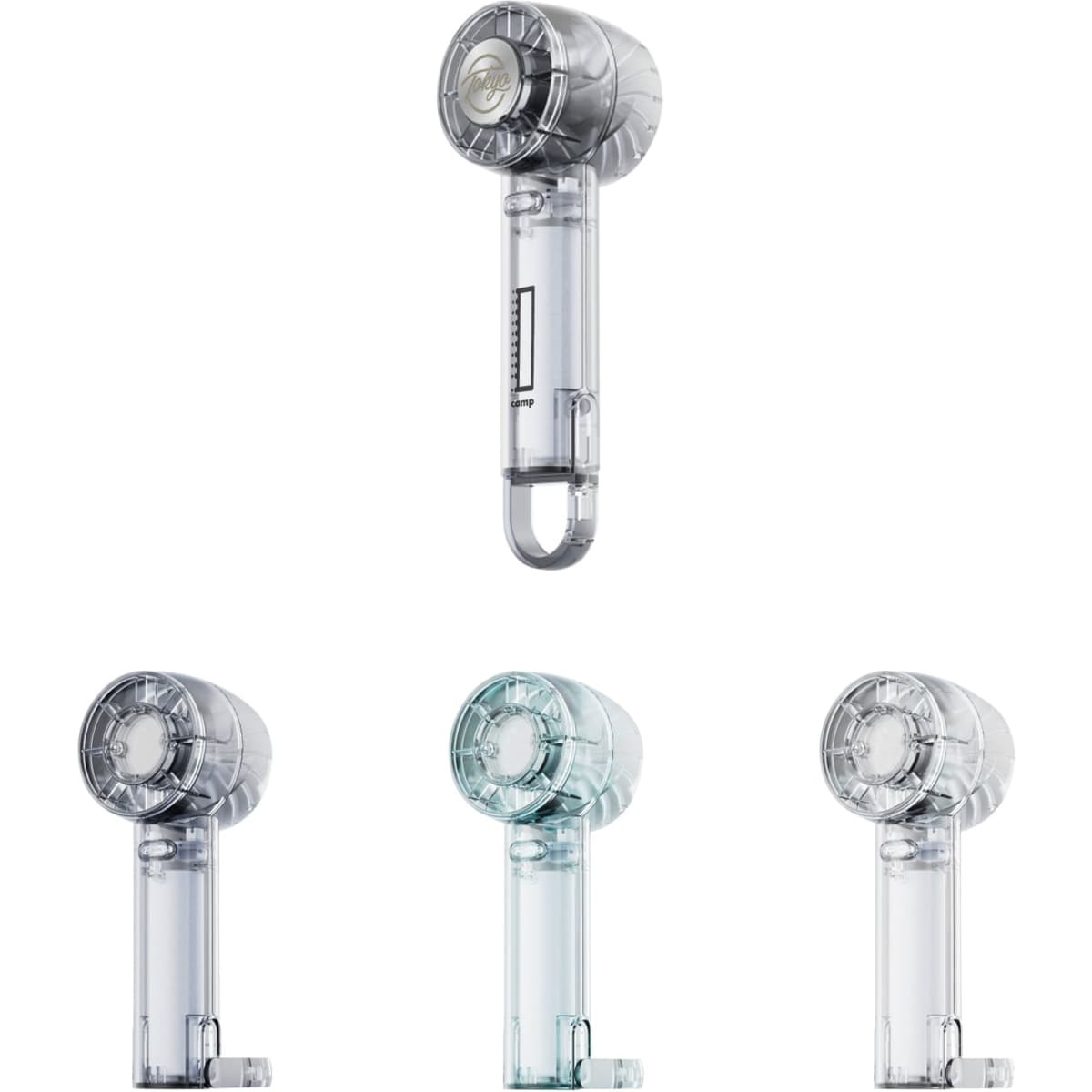 A transparent cooling fan featuring a sleek, rounded design in shades of grey and clear. It includes a hanging loop.