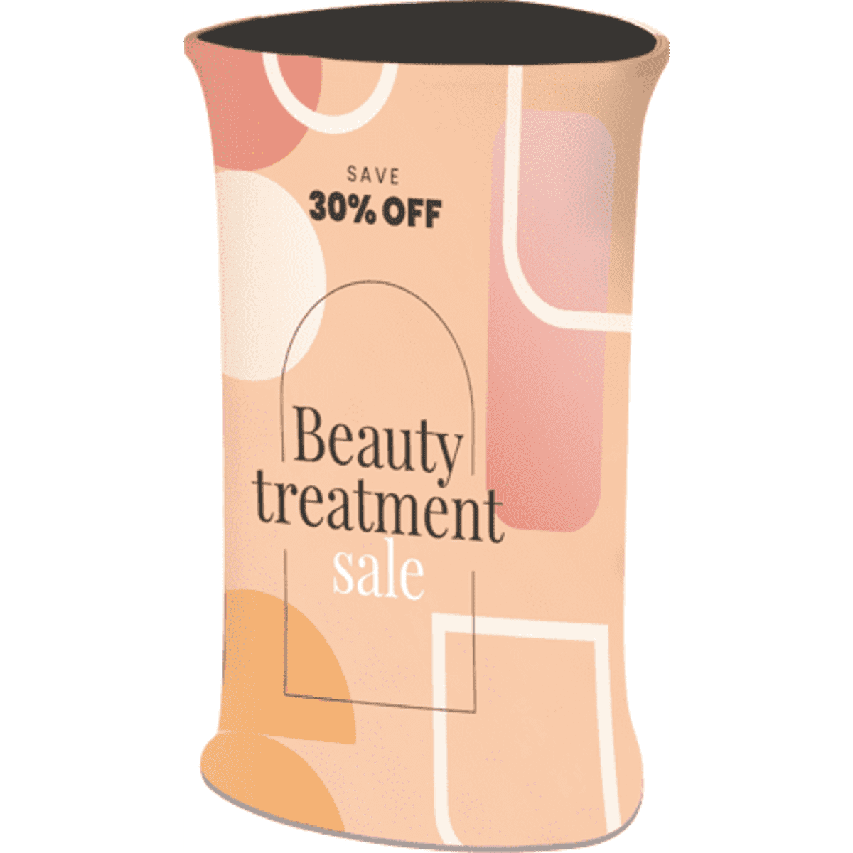 A triangular popup booth featuring an abstract design in soft peach and cream tones, with a branded logo.