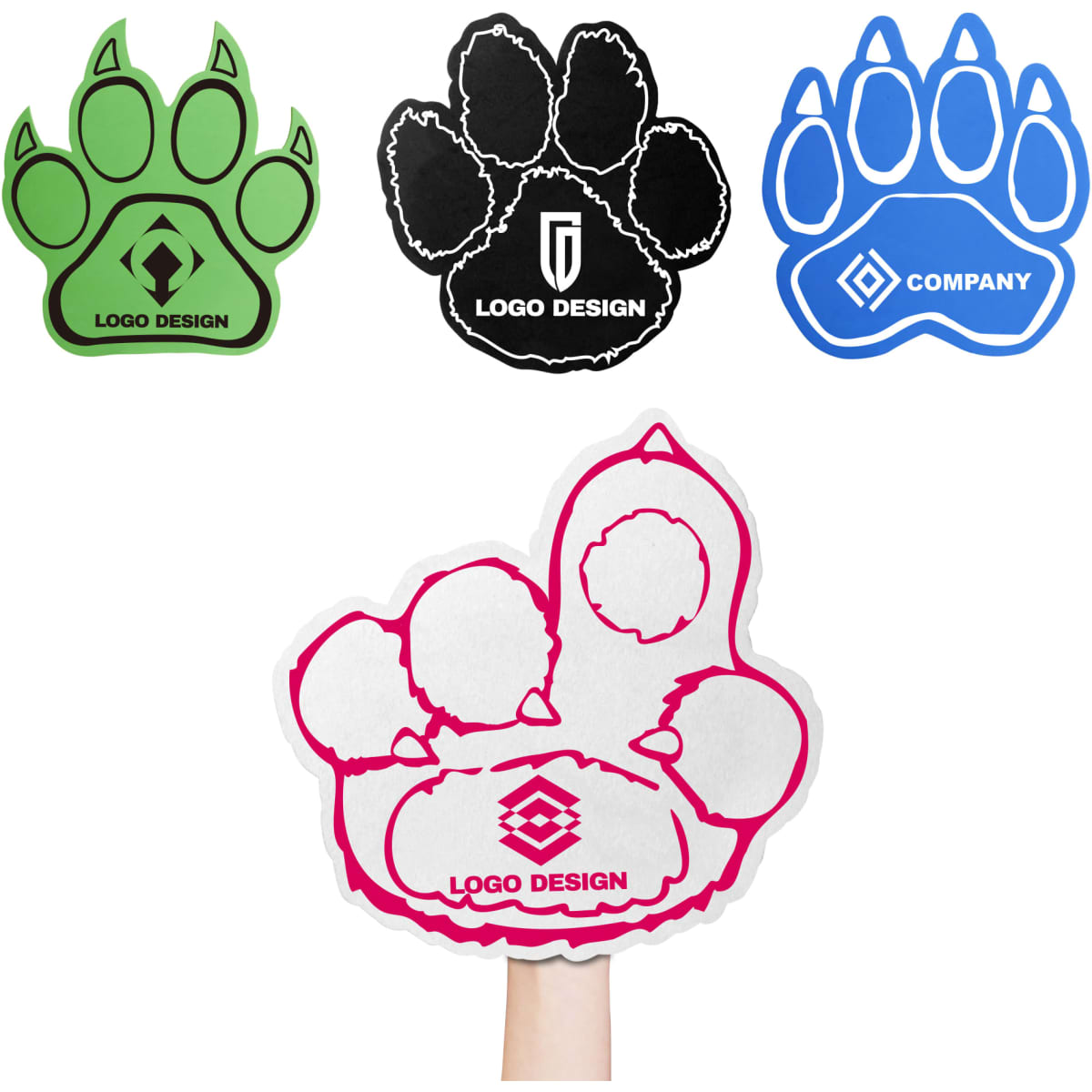 A pink foam mitt shaped like a paw, alongside green, black, and blue paw-shaped foam mitts. Each features a logo.