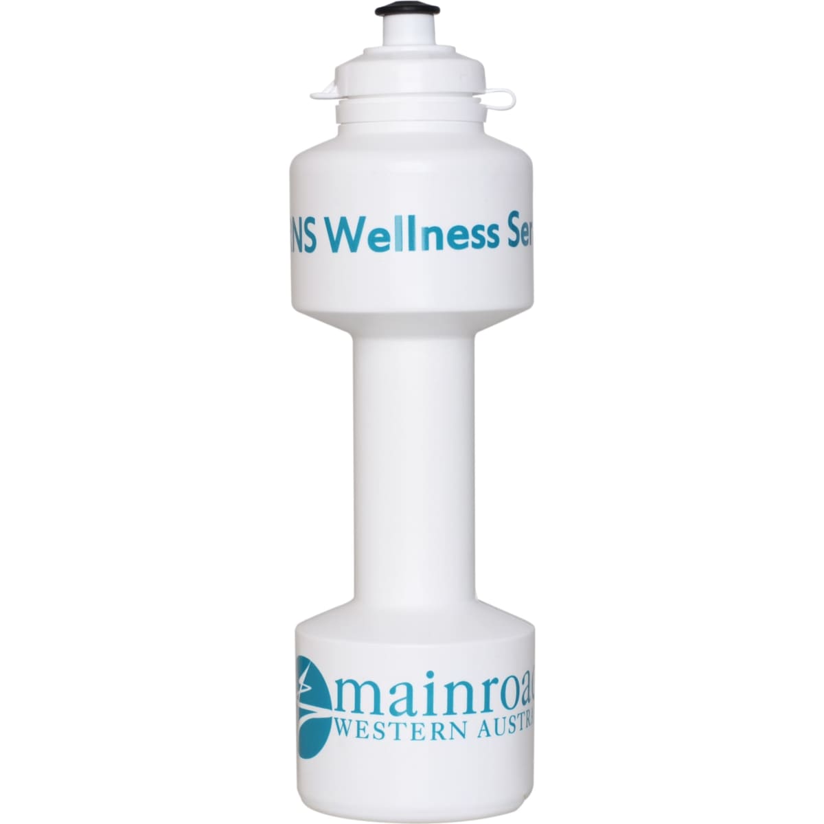 A 750ml white dumbbell-shaped drink bottle with a flip top and branding on its sides.