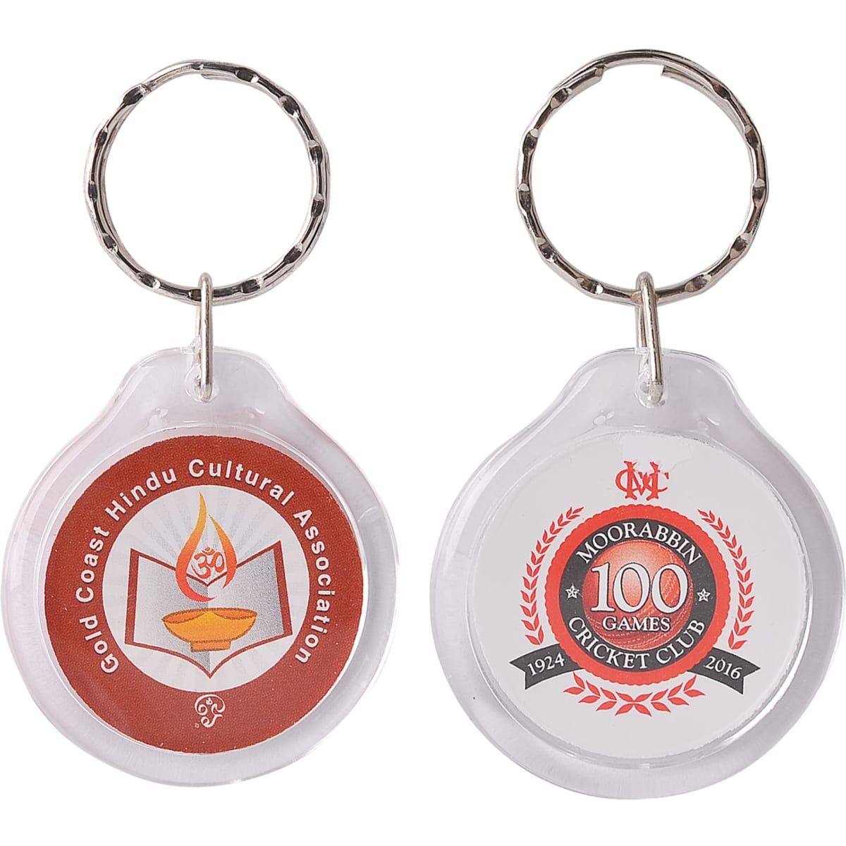 A round acrylic keyring featuring red and white designs on each side, with logos and branding.