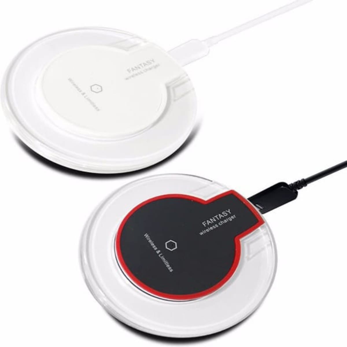 A white and a black wireless charger, featuring a circular design and a visible logo.