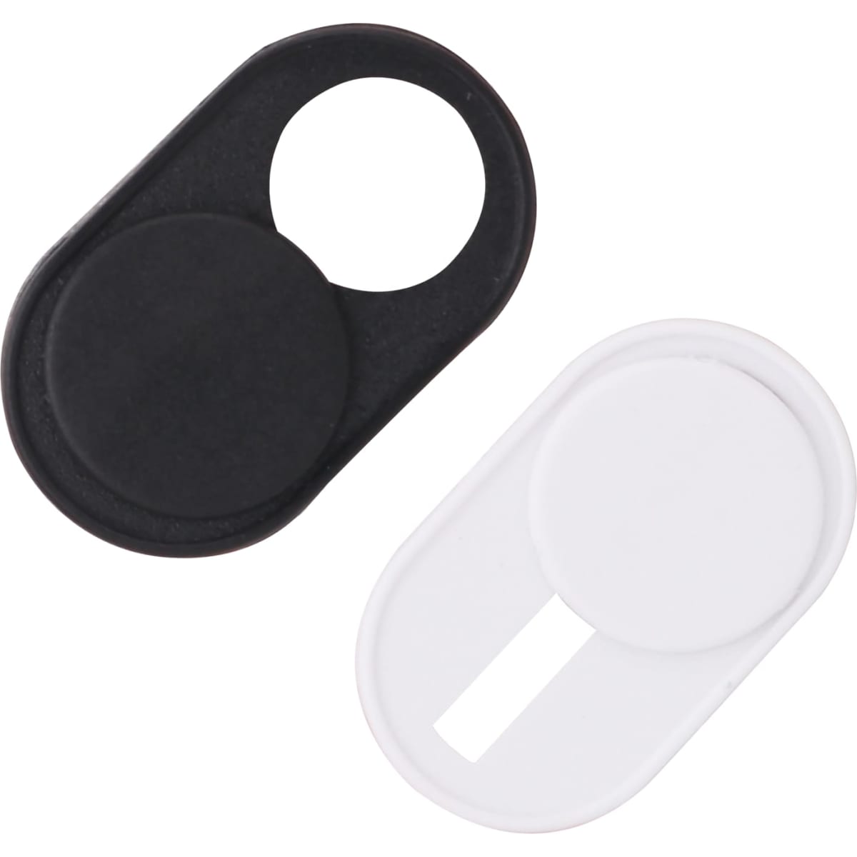 A black and white mini webcam cover set, featuring sliding mechanisms for privacy protection. Each has a circular design.