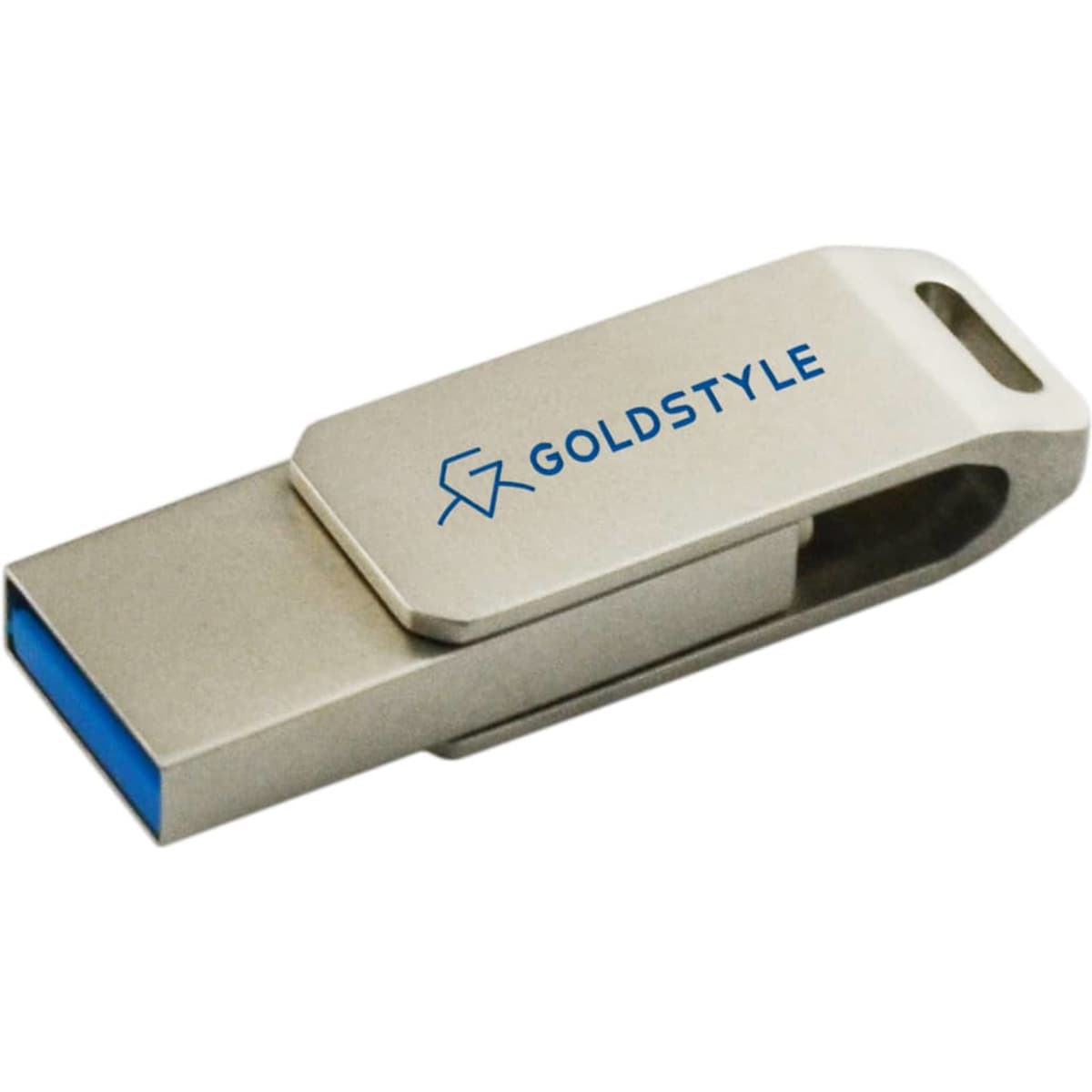 A silver swivel USB flash drive with a blue connector, featuring a logo on the side.