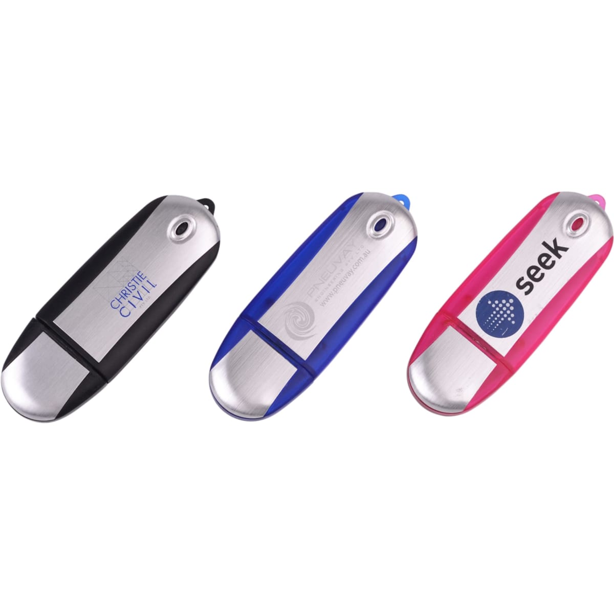 Three Galaxy Flash Drives in black, blue, and pink, featuring metallic silver accents and logos on each drive.