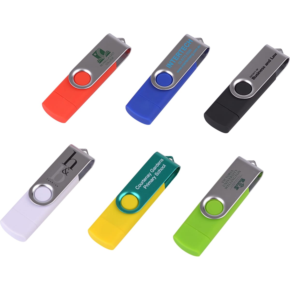 A collection of six double-end Belton Micro USB flash drives in red, blue, black, white, yellow, and green. Each has a logo.