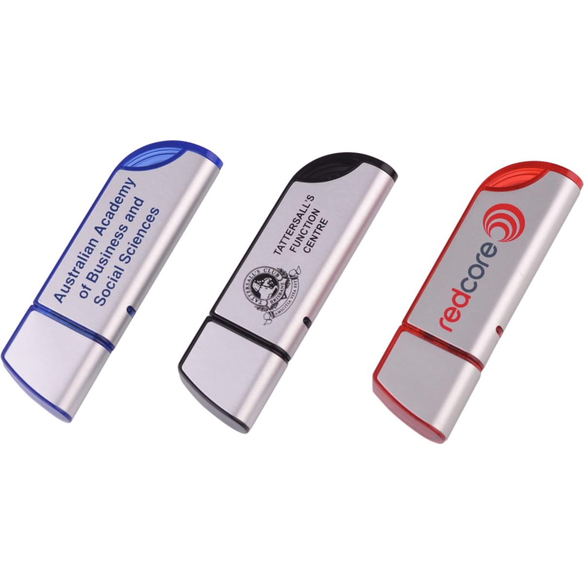 Three flash drives in blue, silver, and red, featuring various logos and text designs on their surfaces.