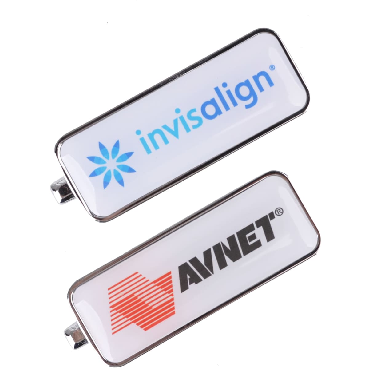 An epoxy doming flash drive in silver, featuring branding on both sides.