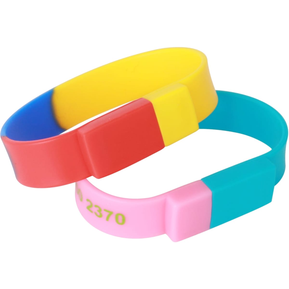 A sectional coloured wristband flash drive featuring blue, yellow, red, pink, and teal sections. It has a logo.