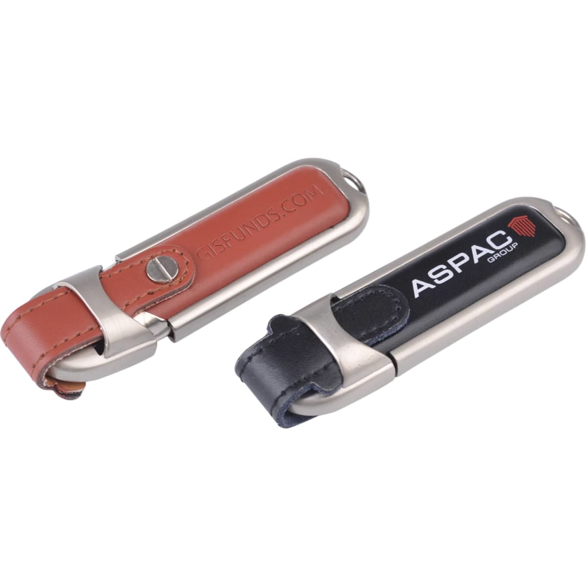 A pair of Taurus flash drives featuring a brown leather and silver design and a black leather and silver design, each with a logo.